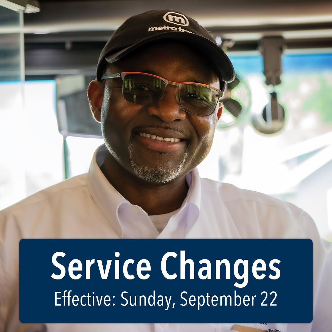 Photo of a bus driver announcing bus route service changes begin on sunday september 22nd