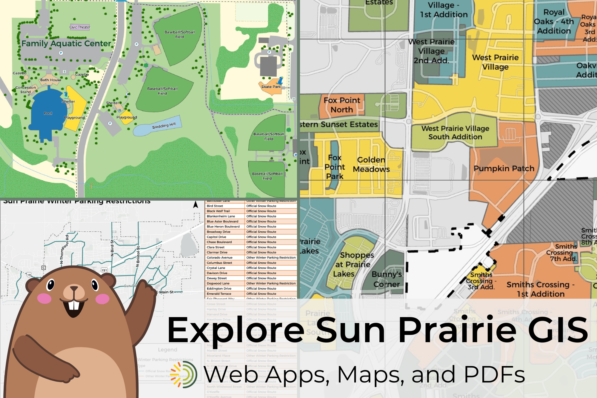 Image with map thumbnails and text saying "Explore Sun Prairie GIS - Web Apps, Maps, and PDFS"