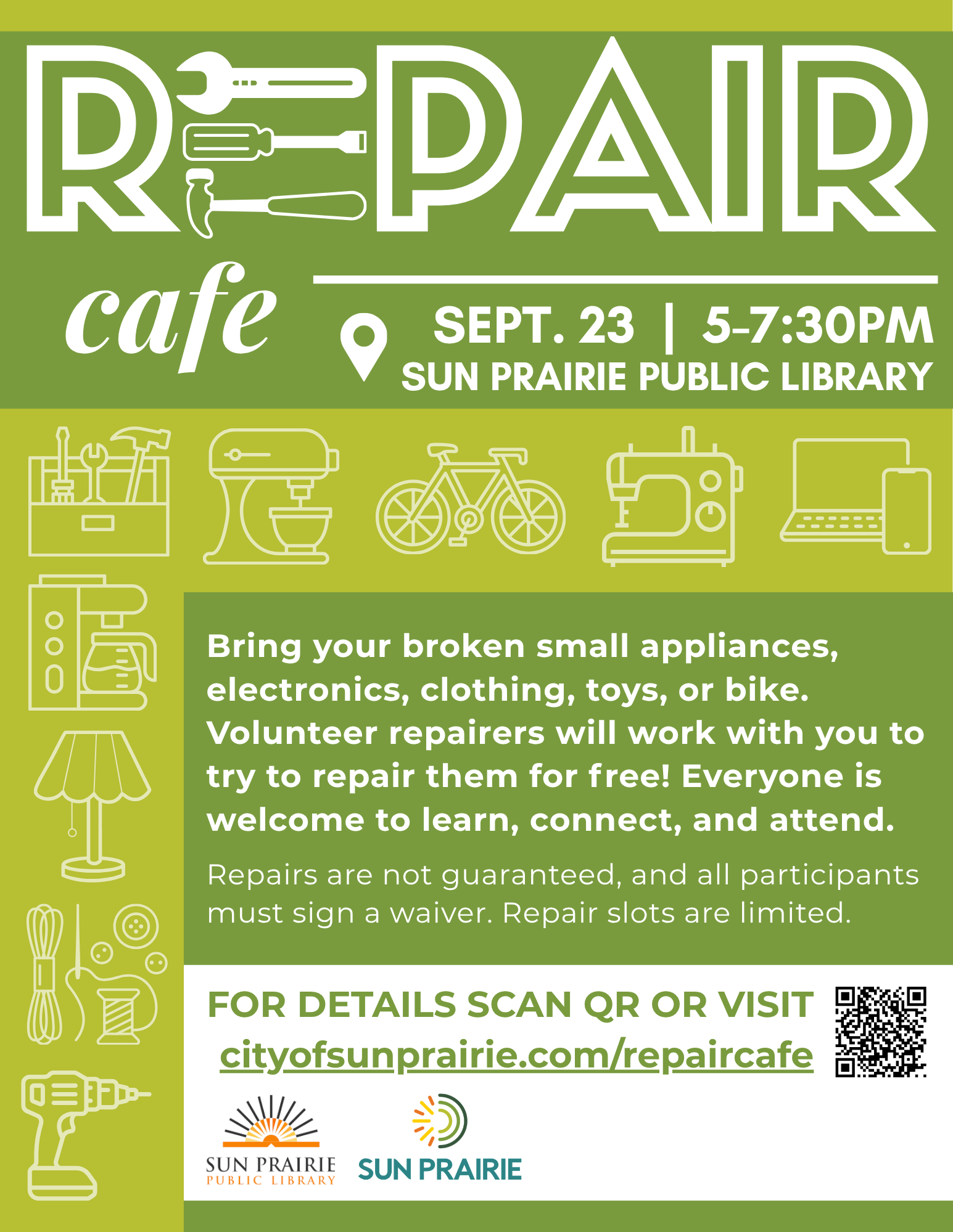 Repair Cafe Flyer - September 23, 2026, 5-7:30 pm, Sun Prairie Public Library