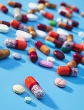 Pills scattered on a surface