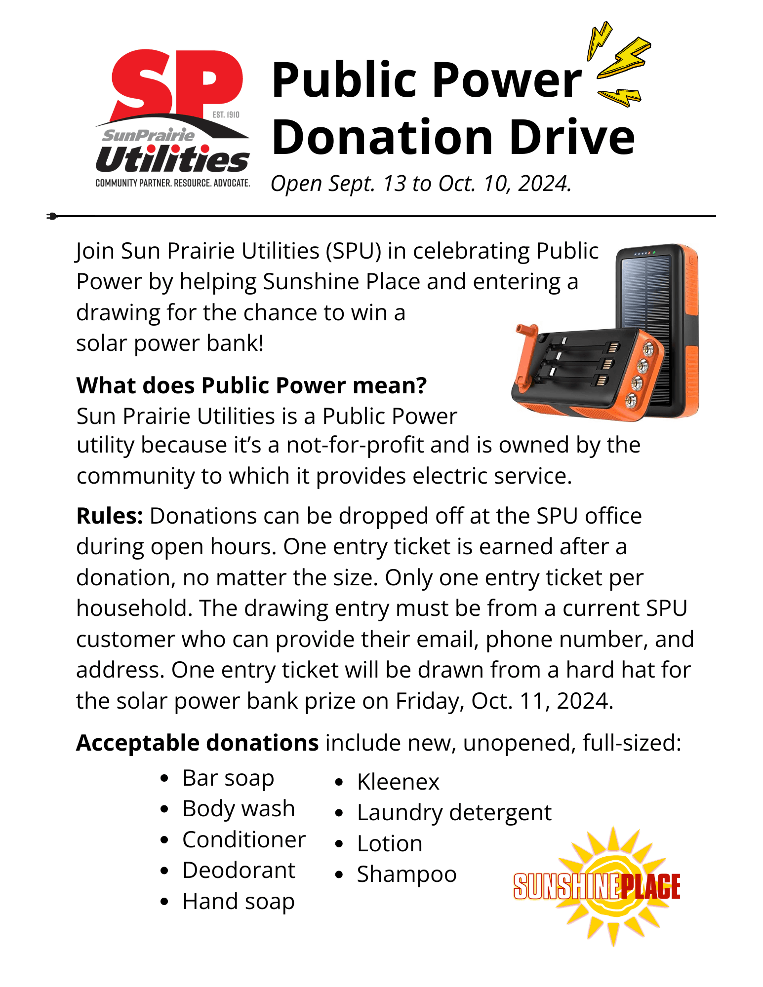 SPU Public Power Donation Drive Sept 13 to Oct 10 2024